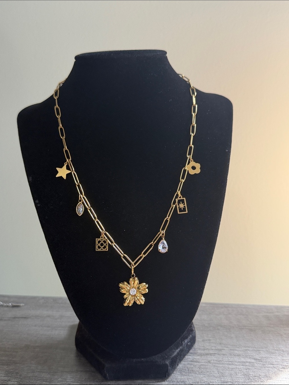 Gold plated stainless steel gold & stone Multi Charm Necklace